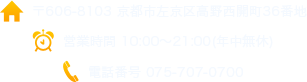 606-8103 ss捂쐼J36Ԓn cƎ 10:00〜21:00(Nx) dbԍ 075-707-0700